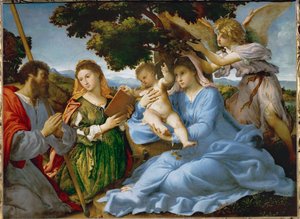 Neitsyt ja lapsi sekä Pyhä Katariina Aleksandrialainen ja Pyhä Jaakob vanhempi (maalaus kankaalle) tekijältä Lorenzo Lotto