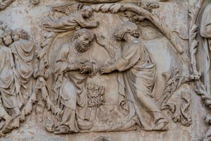 Gideonin vääntelevä fleece, yksityiskohta Jesse-puusta ja messiaanisista profetioista, Genesiksen tarinat, Lorenzo Maitanin (ennen 1275-1330) bareljeefit, toinen pilari, Orvieton katedraalin julkisivu, Umbria, Italia