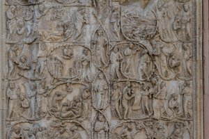 Jesse-puu ja messiaaniset profetiat, Genesiksen tarinat, Lorenzo Maitanin (ennen 1275-1330) bareljeefit, toinen pilari, Orvieton katedraalin julkisivu, Umbria, Italia