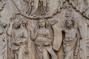 Profeetat, yksityiskohta Jesse-puusta ja messiaaniset profetiat, Genesiksen tarinat, Lorenzo Maitanin (ennen 1275-1330) bareljeefit, toinen pilari, Orvieton katedraalin julkisivu, Umbria, Italia