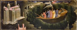 Kuvaus Pyhästä Nikolauksesta, joka rauhoittaa tempete Nicolas de Myraa (tai Nicolas de Baria) pelastamassa venettä uppoamisesta. Lorenzo Monacon maalaus puulle (n. 1370-n. 1423/1424) Firenze, Galleria del 