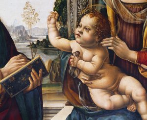 Jeesus-lapsi, yksityiskohta Madonna ja lapsi pyhien kanssa tekijältä Lorenzo di Credi