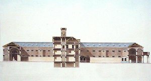 Poikkileikkaus Brysselin uudesta vankilasta, Pierre Jacques Goetghebuerin teoksesta "Choix des Monuments, Edifices et Maisons les plus remarquables du Royaume des Pays-Bas", tekijän kaiverrus, julkaistu 1827 (akvatintta). tekijältä Louis (after) Damesme