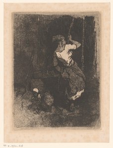 Nainen saa vettä kaivosta, vieressä istuva lapsi tekijältä Louis Adolphe Hervier (attributed to)