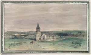 Kirkko ja kylä keskellä peltoa, Montigny, 1866 (kynä ja muste ja wc paperilla)