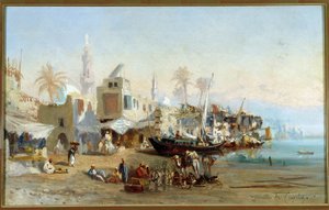 Egyptin Boulackin sataman kalastajat ja moskeijat Amable Louis Crapeletin maalaus (1822-1867) Sun. 41x64 cm Pakollinen maininta: Regards de Provence Foundation Collection, Marseille tekijältä Louis Amable Crapelet
