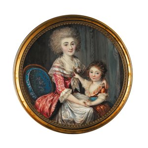 Nuori nainen nimeltä Madame de Genlis, syleilee poikaansa tekijältä Louis Andre Fabre