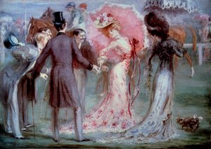 Hyvä aika: "" Punnitus"" Miehet tutkivat nuoria naisia vaatien hevoskilpailuja. Louis Anquetinin (1861-1932) maalaus, 1900-luvun yksityinen kokoelma tekijältä Louis Anquetin