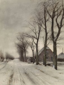 Winterlandschaft mit Bauernhof an einer Allee (talvimaisema maatilalla kadulla)