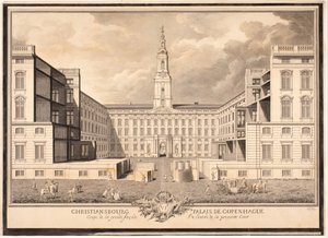 Christiansborgin palatsi Kööpenhaminassa. Ensimmäisen sisäpihan sisäänkäynnin suuren julkisivun osa tekijältä Louis Auguste Le Clerc
