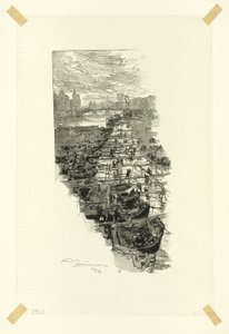 Omenamarkkinat Pont Louis-Philippe -pisteeltä katsottuna, levy seitsemän Le Long de la Seine et des Boulevards -teoksesta. tekijältä Louis Auguste Lepère