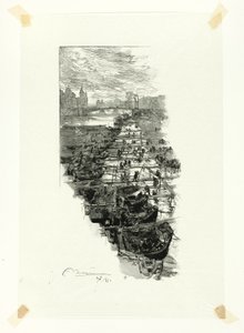 Omenamarkkinat Pont Louis-Philippe -pisteeltä katsottuna, levy seitsemän Le Long de la Seine et des Boulevards -teoksesta. tekijältä Louis Auguste Lepère