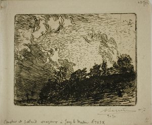 Myrskyinen auringonlasku, Jouy-le-Moutier tekijältä Louis Auguste Lepère