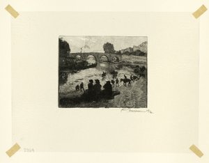 Hevoslampi Pont Marien luona, levy kymmenen Le Long de la Seine et des Boulevards -teoksesta. tekijältä Louis Auguste Lepère
