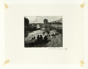 Hevoslampi Pont Marien luona, levy kymmenen Le Long de la Seine et des Boulevards -teoksesta. tekijältä Louis Auguste Lepère