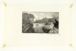 Louvre, Pont-Neufilta katsottuna, levy kolmetoista teoksesta Le Long de la Seine et des Boulevards. tekijältä Louis Auguste Lepère