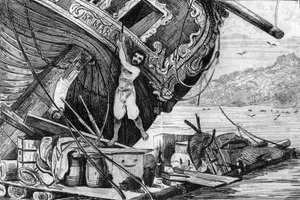 Laskeuduin lautalleni ja asettuin merelle... kaiverrus herra de Sainsonin piirustuksen mukaan Daniel Defoen kirjaan (De foe) Robinson Crusoe” ranskankielinen painos vuodelta 1837.