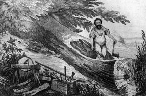 Kaivoin sen ilman tulikaiverruksen apua herra de Sainsonin piirustuksen jälkeen Daniel Defoen kirjaan (De foe) "Robinson Crusoe" ranskankieliseen painokseen vuodelta 1837.