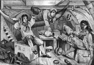 Olin humalassa ja hukutin ilkikurisen yön aikana kaikki katuvani... kaiverruksen jälkeen herra de Sainsonin piirustuksen Daniel Defoen kirjaan (De vihollinen) ”Robinson Crusoe”, ranskankielinen painos vuodelta 1837.