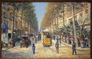 Avenue de la Gare Nizzassa (nykyinen avenue Jean Medecin). Vasemmalla on Morris-pylväs. Louis Beroudin (1852-1930) maalaus, öljy kankaalle, ranskalainen taide, 1900-luvun alku. Musee Massena, Nizza.