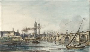 Näkymä Thamesin yli kohti Pyhän Magnuksen kirkkoa ja monumenttia, 1700-luvun loppu tekijältä Louis Bélanger