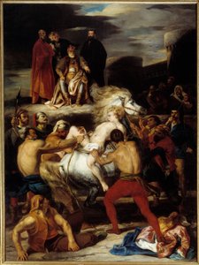 Mazeppan kärsimys. Mazeppa on sidottu villihevoseen kreivi Palatinin käskystä, jota hän loukkasi. Kuvitus Lord Byronin runolle "Mazeppa". Louis Boulangerin (1806-1867) maalaus