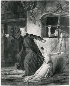 Sachette, Esmeralda ja Claude Frollo, kuvitus Victor Hugon (1802-85) teokseen "The Hunchback of Notre Dame", 1831 (bw)