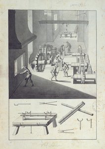 L. Simonneaun tykkien valmistus, piirustus "Description des Arts et Métiers" -teokselle, joka inspiroi Diderot