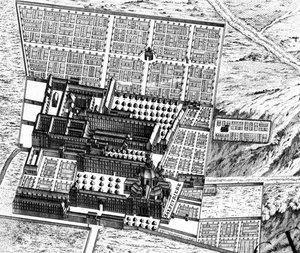 La Salpêtrièren sairaala, yksityiskohta Pariisin suunnitelmasta, joka tunnetaan nimellä Plan de Turgot, kaiverrettu Claude Lucasin toimesta, 1734-39. Kaiverruskuva, yksityiskohta kuvasta 233535.
