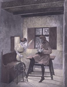 Simona spinning, kuvitus Decameron of Boccacciosta, julkaissut Navarre Society 1930-luvulla (litho)
