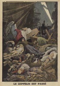 Perhe kuoli saksalaisen Zeppelinin pommi-iskussa, ensimmäinen maailmansota, 1916 (väri litho) tekijältä Louis Charles (after) Bombled