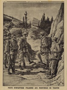 Italian jalkaväkiasema Trentinon rajalla, ensimmäinen maailmansota tekijältä Louis Charles (after) Bombled