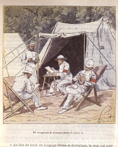 Ranskan sotakirjeenvaihtajat Madagaskarissa, kun Ranska liitti sen 1895-1896 (väri litho) tekijältä Louis Charles Bombled