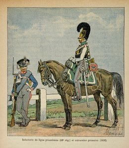 Kuvitus Bombled Louisista (1862-1927) kreivi Emmanuel de Las Casesin (1766-1842) kirjasta "Saint Helenen muistomerkki": Preussilaisen linjan jalkaväki (42, eme rykmentti) ja preussilaiset taistelulaivat. tekijältä Louis Charles Bombled