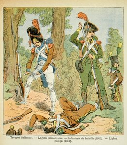 Kuva Bombled Louisista (1862-1927) kreivi Emmanuel de Las Casesin (1766-1842) kirjasta "The Memorial of Saint Helene": Italian joukot, Piemontaise Legion: Battle Infantry (1806, Italic Legion (1800), yksityinen kokoelma) tekijältä Louis Charles Bombled