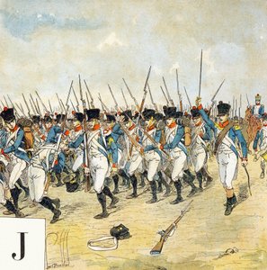 J-kirjain: Nuori vartija, "Je serai soldat" (Minusta tulee sotilas) - Sotilaaakkoset tekijältä Louis Charles Bombled