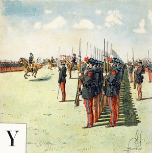 Y-kirjain: Saint Cyrin (Saint-Cyr) sotakoulun opiskelijat, "Je serai soldat" (Minusta tulee sotilas) - Sotilaaakkoset tekijältä Louis Charles Bombled
