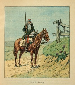 Eugene Sergent, tunnettu nimellä Grenest, Loiren armeija, kuvittanut Louis Bombled (1862-1927) (Ranskan ja Saksan sota; vuosien 1870-1871 kampanja): 6. husaarijoukkojen tähti, mukana Touryn taistelussa lokakuussa 1870, yksityiskokoelma. tekijältä Louis Charles Bombled