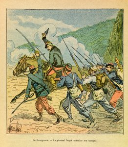 Eugene Sergeantin itäinen armeija, kuten Grenest, kuvittanut Louis Bombled (1862-1927) (Ranskan ja Saksan sota; kampanja 1870-1871): Kenraali Dupre on miehinsä pään La Bourgoncen taistelussa lokakuussa 1870, Yksityinen kokoelma tekijältä Louis Charles Bombled