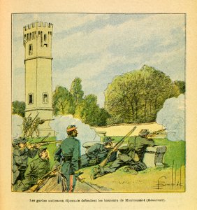 Eugene Sergeantin itäinen armeija, kuten Grenest, kuvittanut Louis Bombled (1862-1927) (Ranskan ja Saksan sota; kampanja 1870 -1871): Dijonin puolustus lokakuussa 1870, Dijonnaisin kansalliskaarti puolustaa Montmusardin korkeuksia, yksityinen Kokoelma tekijältä Louis Charles Bombled