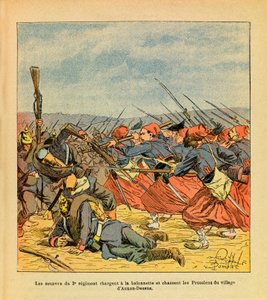 Eugene Sergeantin itäinen armeija, kuten Grenest, kuvittanut Louis Bombled (1862-1927) (Ranskan ja Saksan sota; kampanja 1870-1871): 3. rykmentin zouavit syöksyvät baionettia ja ajavat preussilaiset pois kylästä Auxon-Dessus aikana t tekijältä Louis Charles Bombled
