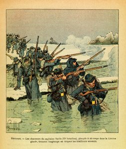 Eugene Sergeantin itäinen armee, joka tunnetaan nimellä Grenest, kuvannut Louis Bombled (1862-1927) (Ranskan ja Saksan sota; kampanja 1870 -1871): Tammikuu 1871, Hericourt, kapteeni Sardan metsästäjät sukeltavat puolivartaloisesti jäässä Lisaine, pidä pitk tekijältä Louis Charles Bombled