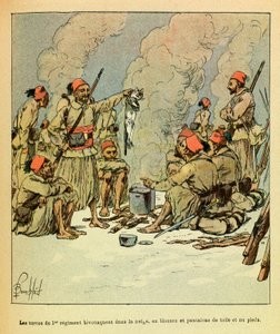 Eugene Sergeantin itäarmee, joka tunnetaan nimellä Grenest, kuvittanut Louis Bombled (1862-1927) (Ranskan ja Saksan sota; kampanja 1870 -1871): Tammikuu 1871, 1. rykmentin turcot bivouaent lumessa, puseroissa ja housut kankaasta ja paljas maksu tekijältä Louis Charles Bombled