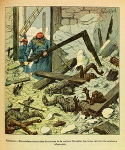 Eugene Sergeantin itäinen armee, joka tunnetaan nimellä Grenest, kuvannut Louis Bombled (1862-1927) (Ranskan ja Saksan sota; kampanja 1870 -1871): Tammikuu 1871, Villersexelin taistelu, ranskalaiset sotilaat poistavat talosta saksalaisten jäänteet sotilaat tekijältä Louis Charles Bombled