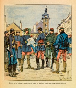 Eugene Sergeantin itäarmee, joka tunnetaan nimellä Grenest, kuvannut Louis Bombled (1862-1927) (Ranskan ja Saksan sota; kampanja 1870 -1871): Nuits Saint Georgesin taistelu; Kenraali Cremer Marchen aukiolla antaa puolustuskäskynsä, joulukuu 1870, Pr tekijältä Louis Charles Bombled