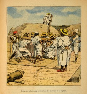 Madagaskarin sota - Henri Galli dit Galllichet (1854-1922) ranskalaisten tutkimusretkien anekdoottinen historia, kuvittanut Louis Bombled (1862-1927): Hovas työskentelee pääkaupungin linnoituksissa vuonna 1895, yksityinen kokoelma tekijältä Louis Charles Bombled