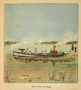 Madagaskarin sota - Henri Galli dit Galllichetin (1854-1922) ranskalaisten tutkimusretkien anekdoottinen historia, kuvittanut Louis Bombled (1862-1927): Ranskan kanonnikki Ikopa-joella Madagaskarilla vuonna 1895, yksityinen kokoelma tekijältä Louis Charles Bombled
