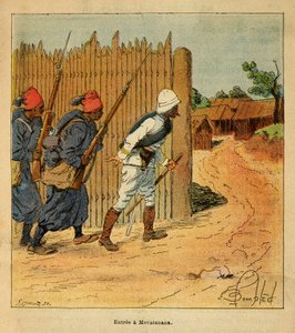 Madagaskarin sota - Henri Galli dit Galllichetin (1854-1922) ranskalaisten tutkimusretkien anekdoottinen historia, kuvittanut Louis Bombled (1862-1927): Ranskan joukot saapuivat Mevatananan kylään vuonna 1895, yksityinen kokoelma tekijältä Louis Charles Bombled