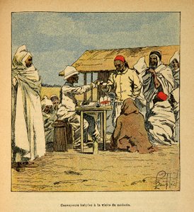Madagaskarin sota - Henri Galli dit Galllichetin (1854-1922) ranskalaisten tutkimusretkien anekdoottinen historia, kuvittanut Louis Bombled (1862-1927): Convoyeurs Kabiles sotilaslääkärin vierailulla, yksityinen kokoelma tekijältä Louis Charles Bombled