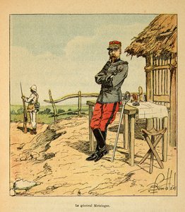 Madagaskarin sota - Henri Galli dit Galllichetin (1854-1922) ranskalaisten tutkimusmatkojen anekdoottinen historia, kuvittanut Louis Bombled (1862-1927): Kenraali Metzingerin muotokuva Madagaskarilla vuonna 1895, yksityinen kokoelma tekijältä Louis Charles Bombled